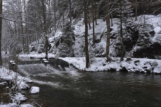 Kirnitzsch weir at the historic Buschmühle inn, Saxon Switzerland, Elbe Sandstone Mountains,