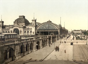 The railway station in the old town of Dresden, Saxony, Germany, around 1900, Historic, digitally