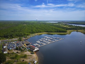 Beach and harbour in Zöbiker on Lake Cospuden