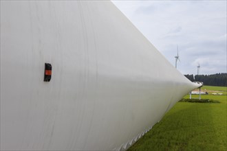 Components for a new giant wind turbine in Voigtsdorf. 80 m long rotor blade made of plastic