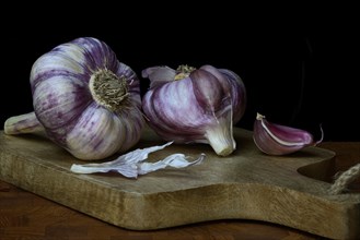 Fresh red garlic on chopping board, France, Europe