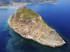 Drone shot, Monemvasia rocks, Monemvassia, Monemwassia, Monembasia, Laconia, Peloponnese, Greece,