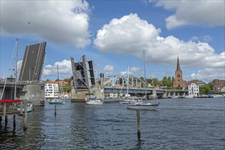 Raised bascule bridge, boats, King Christian X. Bridge, Sonderborg, Syddanmark, Denmark, Europe