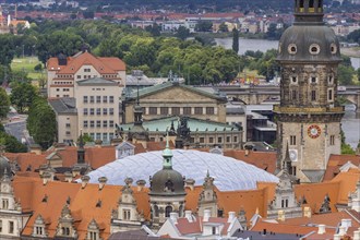 View from the Town Hall Tower over the inner Old Town over the roofs of the Residence Palace, the