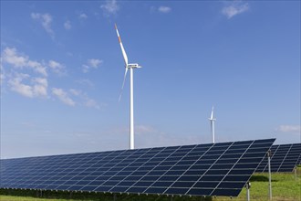 Renewable energies, solar park with wind turbines, photovoltaics, solar panels, Bavaria, Germany,