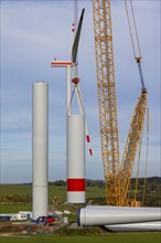 Erection of a new giant wind turbine in Voigtsdorf. with 80-metre-long plastic rotor blades