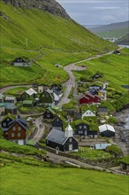 Bour village with many grasstop roofs, Vagar, Faroe islands, Denmark, Europe