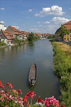 Houses, Boat, Little Venice, Regnitz, Bamberg, Upper Franconia, Bavaria, Germany, Europe