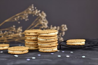 Sandwich double cookies filled with white cream on dark background