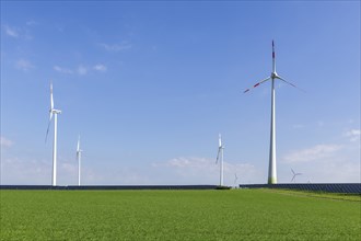 Renewable energies, solar park with wind turbines, photovoltaics, solar panels, Bavaria, Germany,