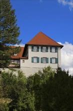 Gomaringen Castle, windows, green shutters, former parish residence of Johann Ulrich