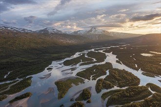 Aerial view, river delta with islands and mountains, river Glomaga, Mo i Rana, Norway, Europe