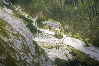 Höllentalangerhütte in the Höllental, Wetterstein Mountains, Garmisch-Patenkirchen, Bavaria,