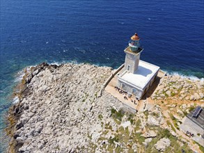 Drone shot, Akrotiri Tenaro lighthouse at the southernmost point of the Peloponnese, Cape Matapan,