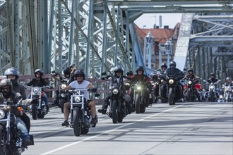 Harley Days Dresden, big ride through the city, here at the Elbe bridge Blaue Wunder