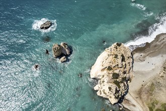 Petra tou Romiou, the Rock of Aphrodite seen from the air Kouklia near Paphos, Cyprus, Europe