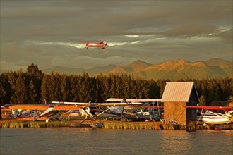 Seaplane airport overlooking Chugach mountain range, Lake Hood, Anchorage, Alaska, USA, North