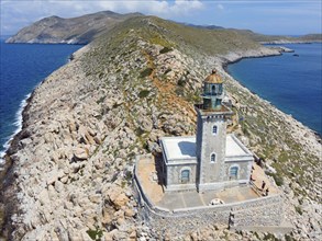 Drone shot, Akrotiri Tenaro lighthouse at the southernmost point of the Peloponnese, Cape Matapan,