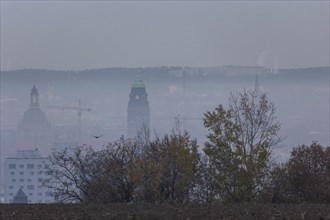 View from Dresden's Südhöhe of the city centre with its towers sinking into the fog