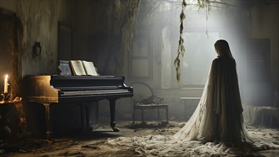 Mysterious and spooky female figure covered in sheer garment standing next to an old dusty piano in