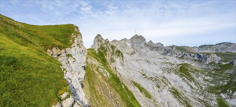 View of the summit of Säntis and Lisengrat, Rotsteinpass, high fog in the valley, Säntis, Appenzell