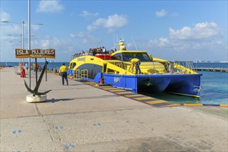 Ultramar ferry boat arriving at Isla Mujeres, Caribbean Coast, Cancun, Quintana Roo, Mexico,