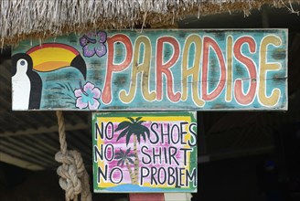 Colourful painted Paradise bar, Bacalar, Quintana Roo, Yucatan Peninsula, Mexico, Central America