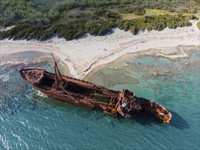 Drone shot, Dimitrios shipwreck, Glyfada beach, Selinitsa, Gythio, Githio, Gythion, Mani, Lakonia,