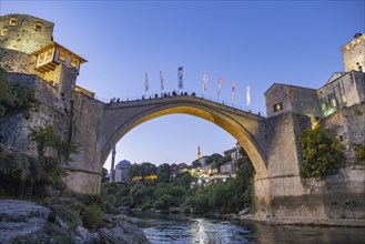 Stari Most, 16th-century Ottoman bridge over river Neretva in the old historic city Mostar,