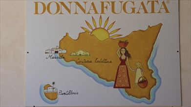 Colourful illustrated map of a winery with brand names and stylised illustrations, Donna Fugata