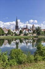 City view, Danube bank with historic old town, fishermens quarter, Metzgerturm and cathedral, Ulm,