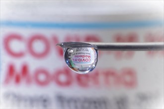 Macro image Covid vaccine, a drop of Moderna vaccine hangs on a vaccine needle