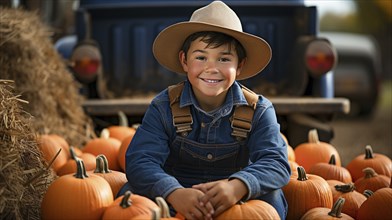 Delighted smiling young boy wearing overalls and a cowboy hat sitting in the back of a truck filled