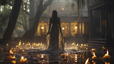 Mysterious ghostly figure walking amongst the candlelit houses on a foggy halloween night,