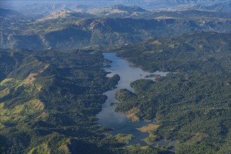 Aerial of artifical mountain lake, Viti Levu, Fiji, South Pacific, Oceania