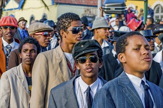 Young men, dressed as businesspeople. Carnival. Mindelo. Cabo Verde. Africa