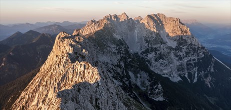 Aerial view, sunset, alpenglow in the mountains, mountain range, Wilder Kaiser, Tyrol, Austria,