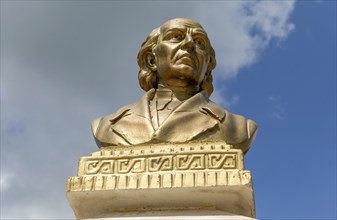 Gold coloured bust head of Miguel Hidalgo Y Costilla 1753-1811, Bacalar, Quintana Roo, Yucatan