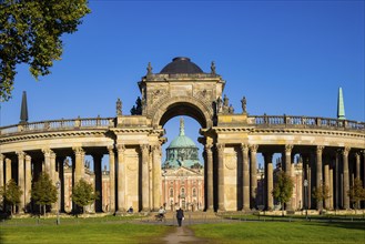 Park Sanssouci is part of the Potsdam palace park ensemble. Colonnade with Triumphal Gate