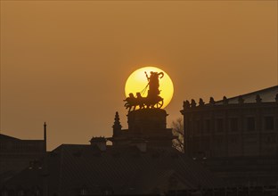 Sunset in Dresden. The sun's disc, particularly orange due to the Sahara dust, sets behind the