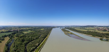 Drone image, Inn power plant Ering Frauenstein with natural landscape Lower Inn European Reserve,