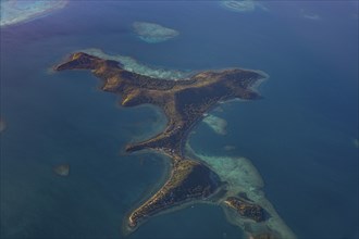 Aerial of little islets of the coast of Viti Levu, Fiji, South Pacific, Oceania