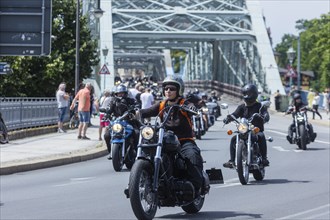 Harley Days Dresden, big ride through the city, here at the Elbe bridge Blaue Wunder