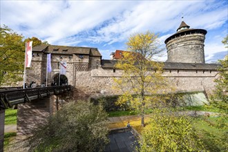 Bridge at Frauentor and Frauentor Tower, Old City Wall at Handwerkerhof, in autumn, Nuremberg,