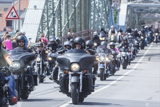 Harley Days Dresden, big ride through the city, here at the Elbe bridge Blaue Wunder