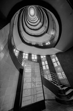 Staircase in old building, black and white photo, Hamburg, Germany, Europe