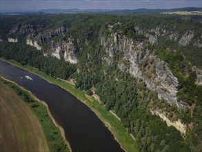 Aerial view of Rathen on the Elbe with the rocks of the Basteige area and the new viewing platform