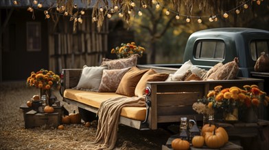 Vintage truck bed filled with fall themed decorations and pillows, generative AI