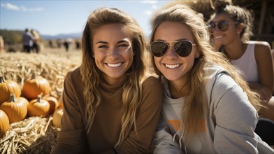 Happy young friends enjoying the fall pumpkin harvest festivities outside, generative AI