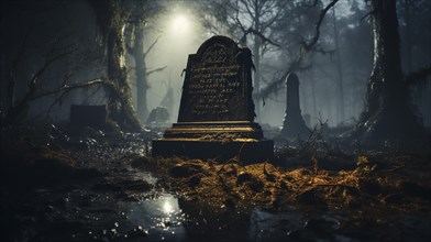 Foggy eerie haunted cemetery on halloween night, generative AI